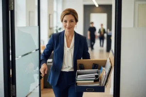 Female executive leaving office job transition